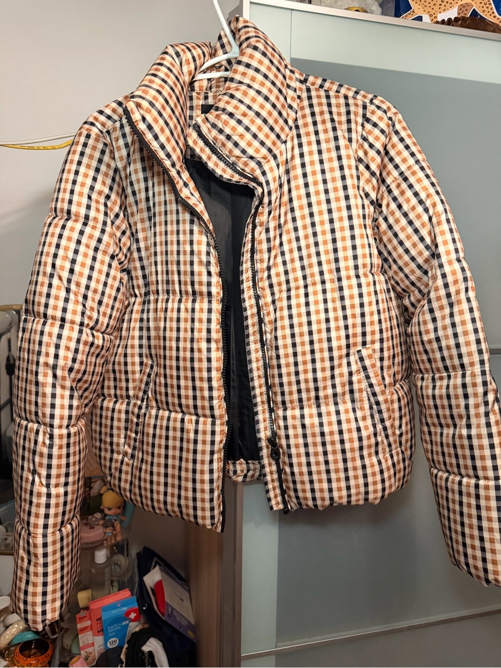 Only Plaid Puffer Jacket in Cream, Brown & Black
